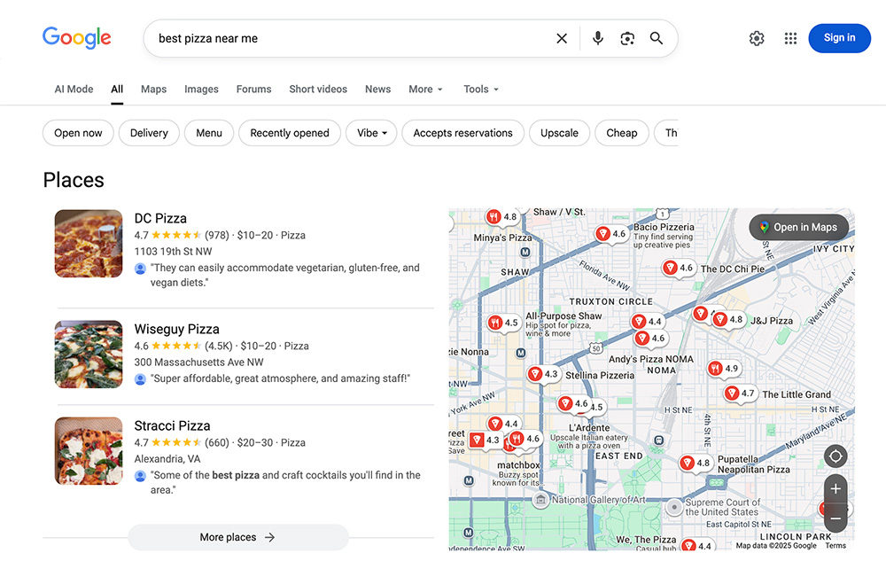 Google search results page showing results for best pizza near me