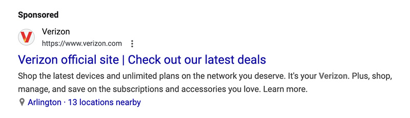Google search results sponsored listing for Verizon