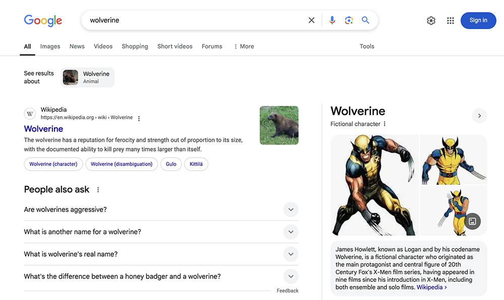 Google search results page showing results for Wolverine