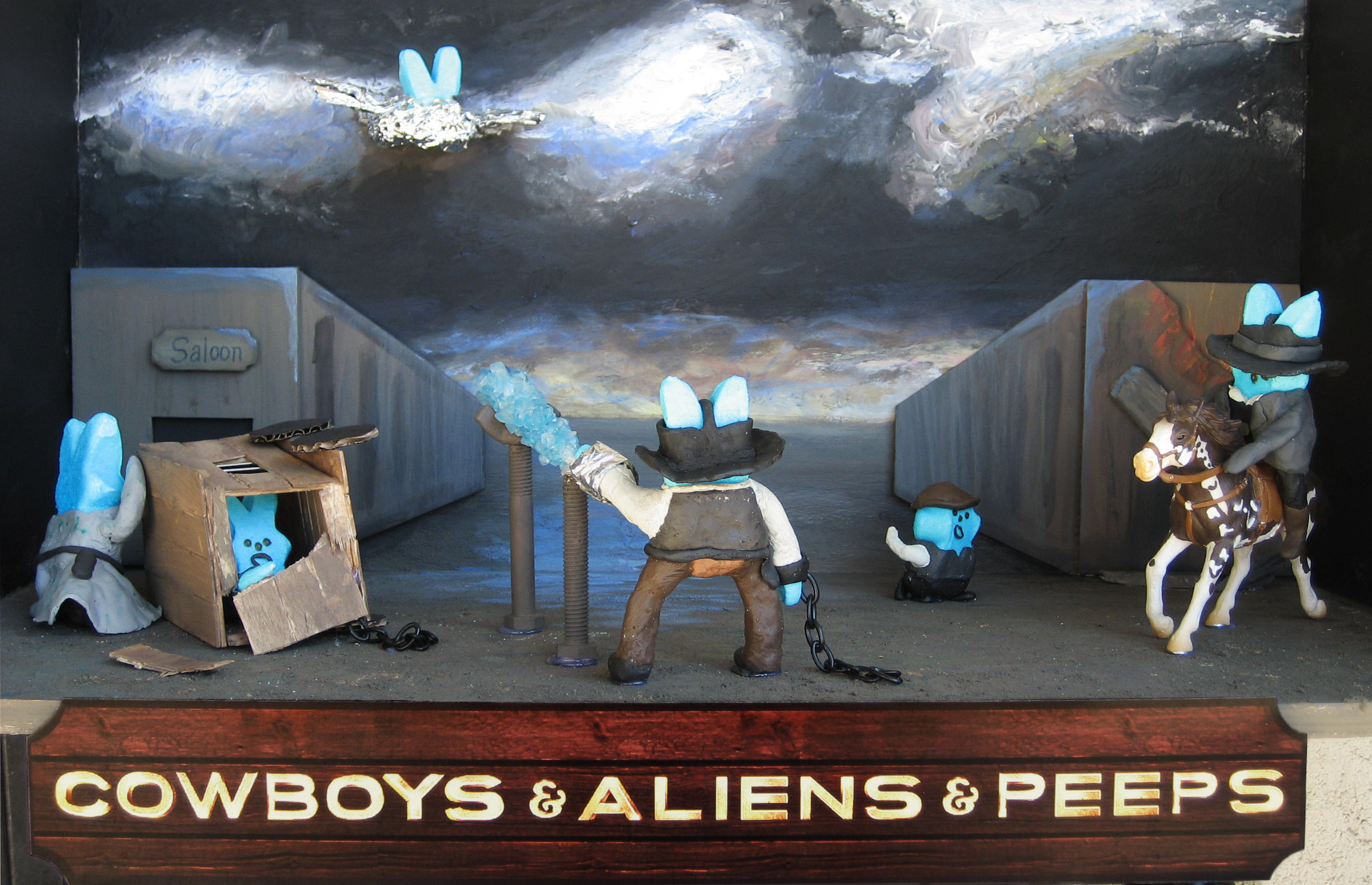 peeps diorama of scene from movie Cowboys and Aliens