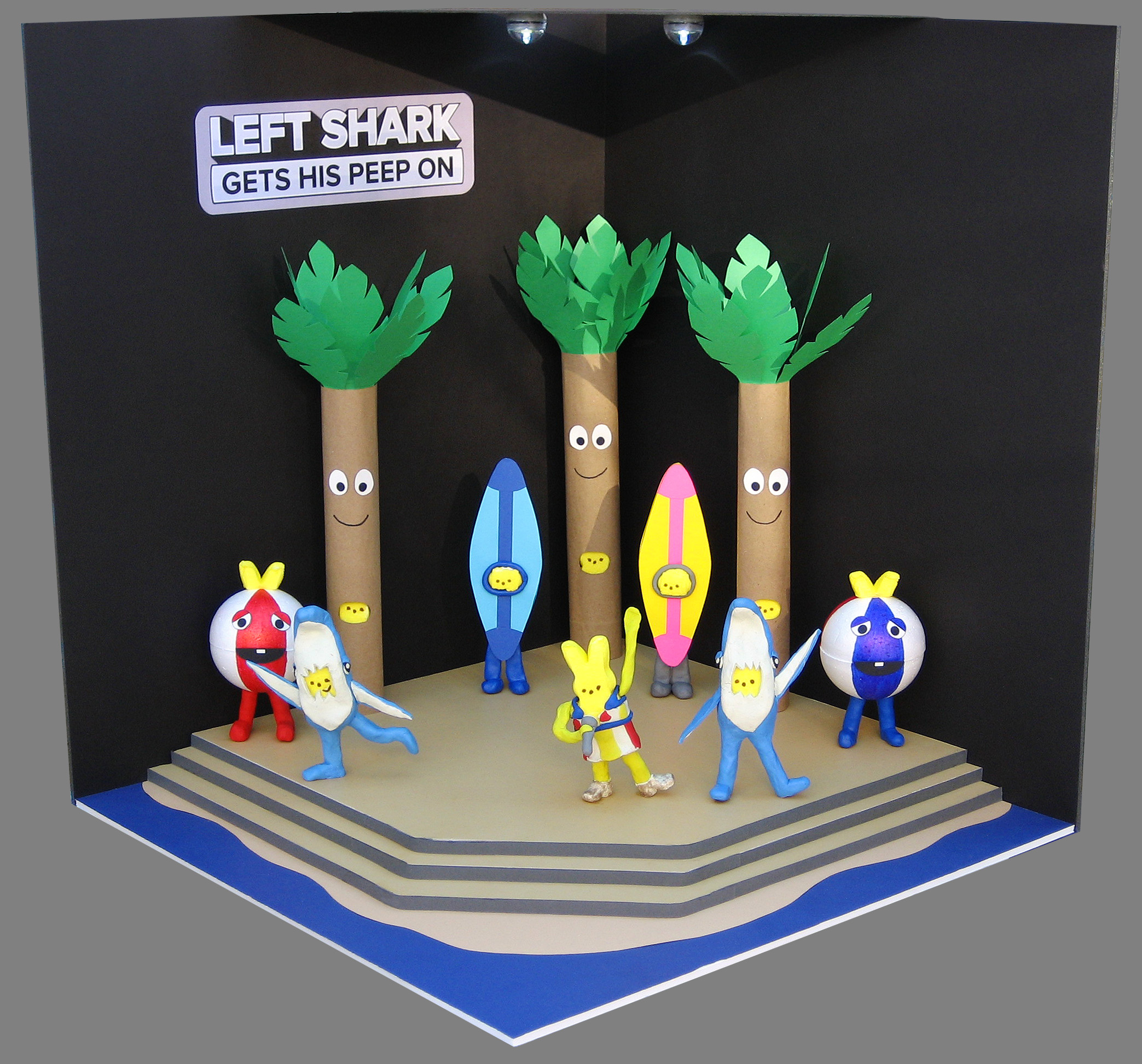 peeps diorama of Superbowl Halftime show with Katy Perry and left shark